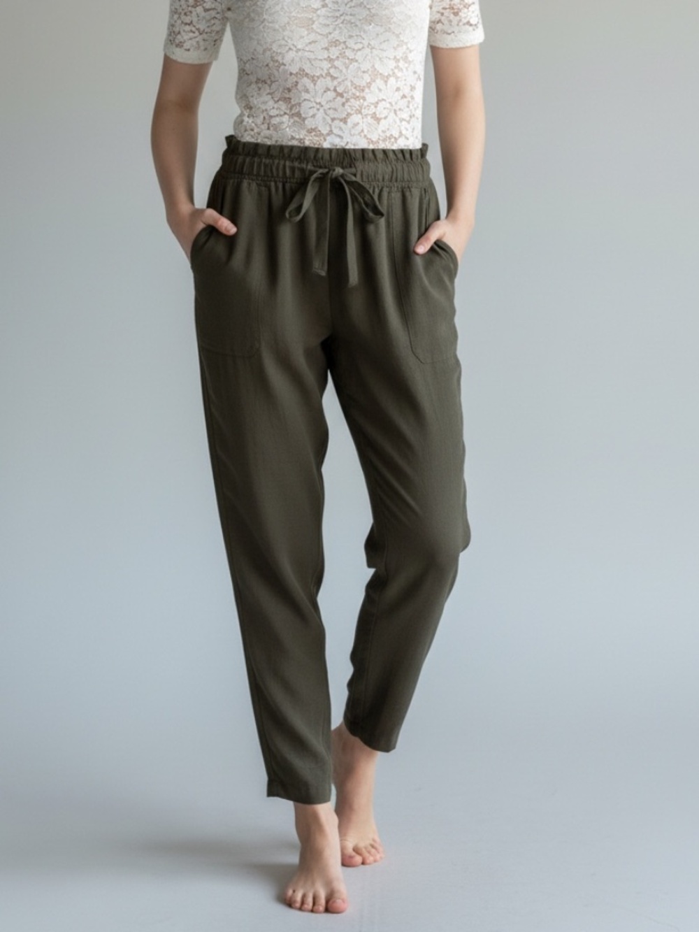 Cato Olive Green Crinkle Textured Flowy Pull On Pants Size Medium